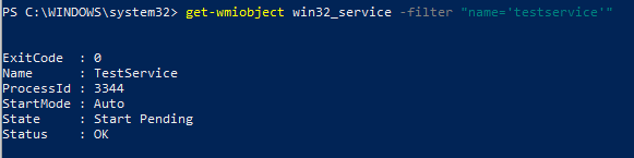 get-wmiobject win32_service -filter "name='testservice'"