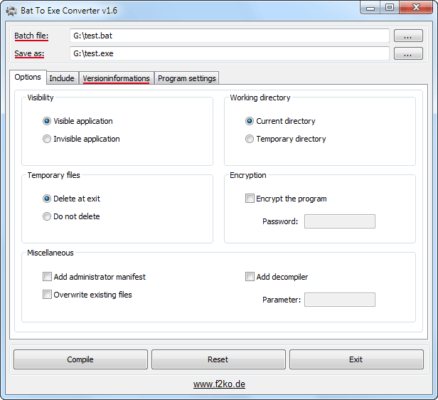 Окно программы Bat To Exe Converter Bat To Exe Converter